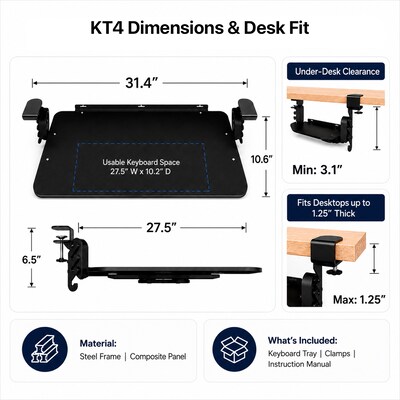 Uncaged Ergonomics KT4 Clamp-On Adjustable Under-Desk Keyboard Tray, Black