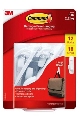 Command Large Utility Utility Hook, 5 lb, White, 12/Pack (17003-CLUB)