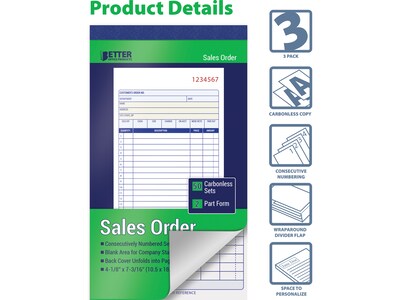 Better Office 2-Part Carbonless Sales Order Book, 4.13 x 7.19, 50 Sets/Book, 3 Books/Pack (66003-3