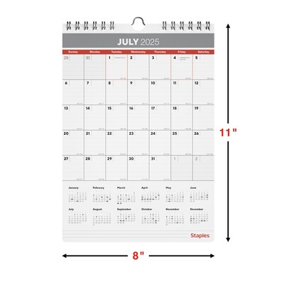 2025-2026 Staples 8" x 11" Academic Monthly Calendar, Gray/Red (ST62815-25)