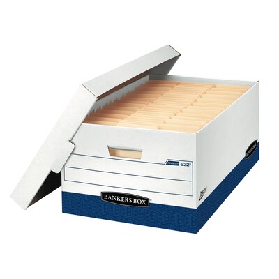 Bankers Box Presto Heavy-Duty Instant Assembly File Storage Boxes, Lift-Off Lid, Legal Size, White/Blue, 12/Carton (0063201)