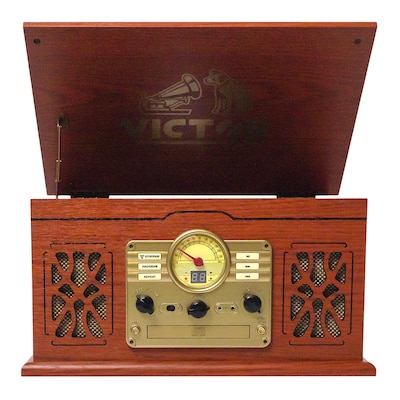 Victor State 7-in-1 Turntable Music Center w/ 3-Speed Record Player, CD/MP3/Cassette, FM, Dual Bluetooth In/Out, Mahogany