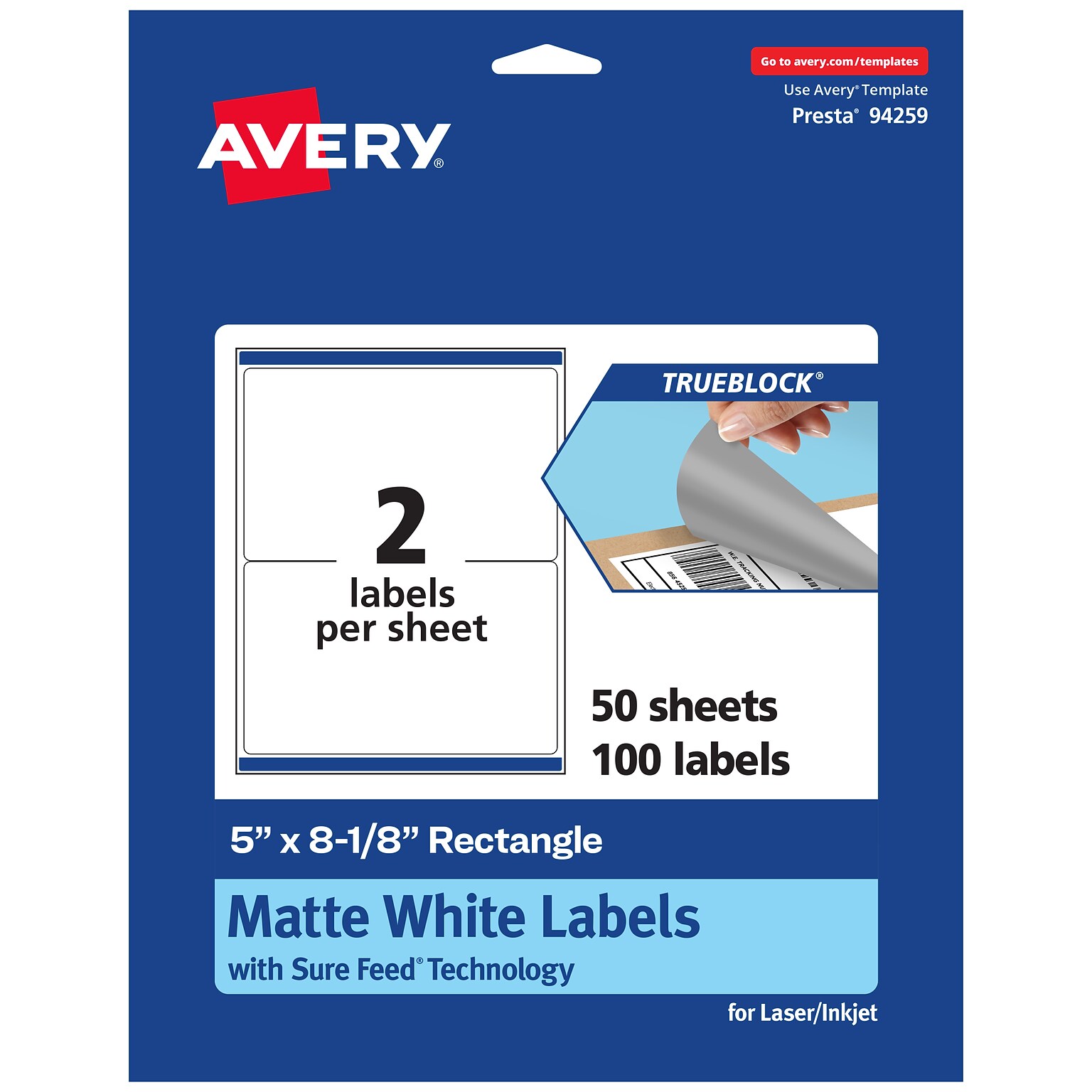 Avery TrueBlock Laser/Inkjet Rectangle Multipurpose Labels, 5 x 8-1/8, White, 100/Box (94259)