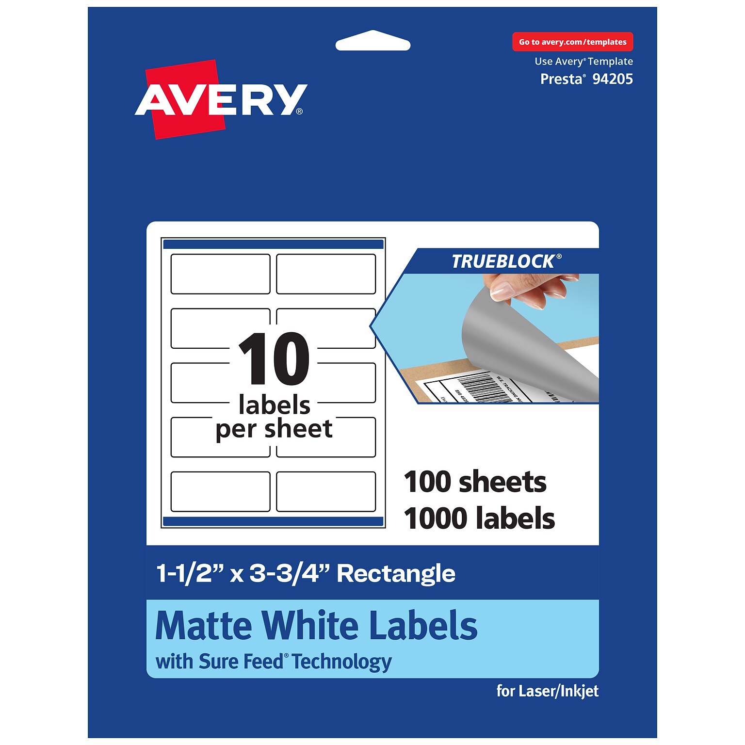 Avery TrueBlock Laser/Inkjet Rectangle Multipurpose Labels, 1.5 x 3.75, White, 1000/Box (94205)