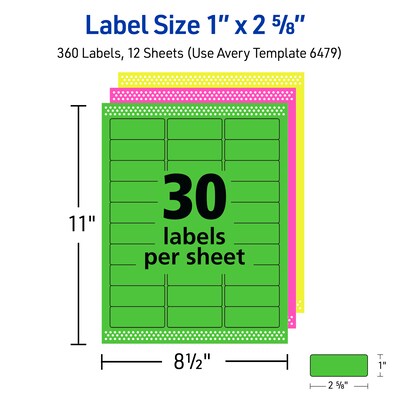Avery Sure Feed Laser/Inkjet ID Labels, 1" x 2-5/8", Assorted Neon, 360 Labels/Pack (6479)