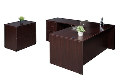 Boss Office Products 66 L-Shaped Desk with File Pedestal and Lateral File, Mahogany (GROUPA19-M)