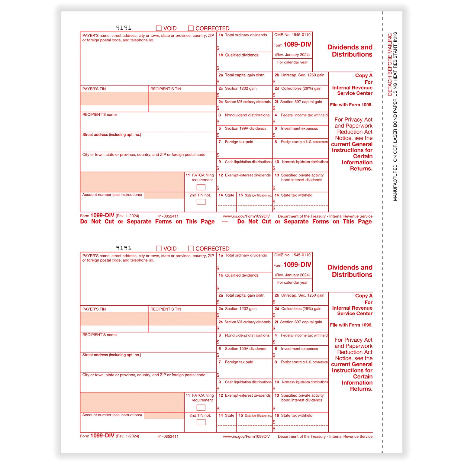 ComplyRight 2024 1099-DIV Tax Form, 1-Part, 2-Up, Federal Copy A, 50/Pack (513050)