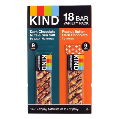 KIND Dark Chocolate Nuts & Sea Salt and Peanut Butter Dark Chocolate Variety Pack, 1.4 oz., 18/Pack (220-02414)