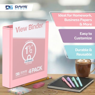 Davis Group Standard View 1.5" 3-Ring Binders, Assorted Pastel Colors, 4/Pack (7412-88-04)