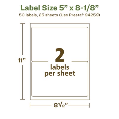 Avery EcoFriendly Laser/Inkjet Rectangle Multipurpose Labels, 5" x 8-1/8", White, 50/Pack (94259)