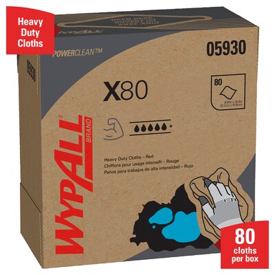 WypAll PowerClean X80 Cloths, 8.34" x 16.8", Red, 80 Sheets/Box, 5 Boxes/Carton (05930)