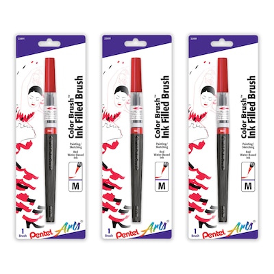 Pentel Arts Color Brush with Water-Based Ink, Medium Tip, Red, 3/Pack (PTAGFLBP102-3)