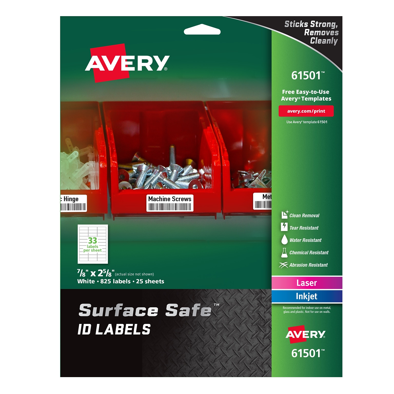 Avery Surface Safe Laser/Inkjet ID Labels, 7/8 x 2-5/8, White, 33 Labels/Sheet, 25 Sheets/Pack (61501)