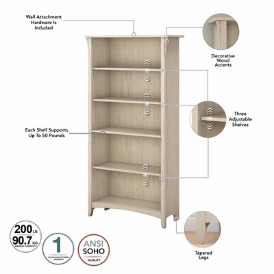 Bush Furniture Salinas 63"H 5-Shelf Bookcase with Adjustable Shelves, Antique White (SAB132AW-03)