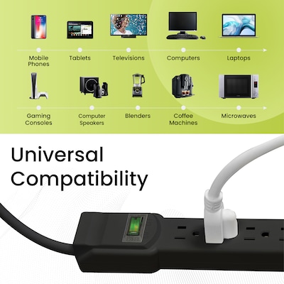 GoGreen Power 2.5' Surge Protector, 6 Outlet, Black (GG-16103MSBK)