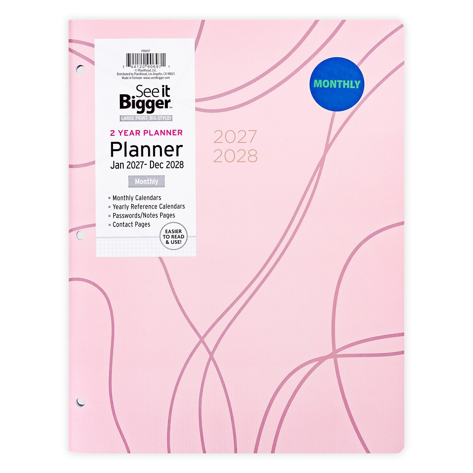 2027-2028 Overland Travelware 0.25 x 8.5 Calendar Year Monthly Standard Planner, Paperboard Cover, Pink (90697)