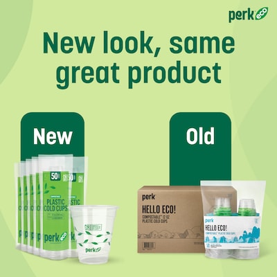 Perk™ Eco Compostable Plastic Cold Cup, 12 Oz., Clear/Green, 300/Carton (PK56195)