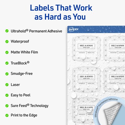 Avery Waterproof Arched Square Laser Multipurpose Labels, 2 x 2-3/16, White, 300/Pack (19479399153