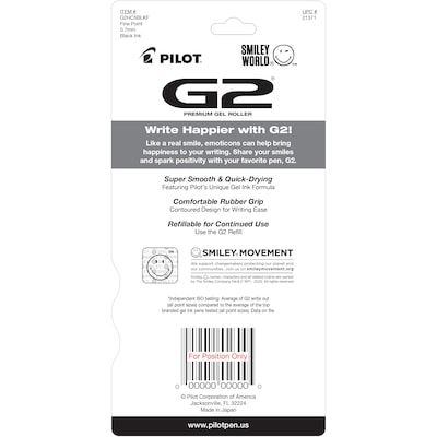 Pilot G2 SmileyWorld Retractable Gel Pen, Fine Point, 0.7mm, Black Ink, 5 Pens/Pack (G2HC5BLKF)