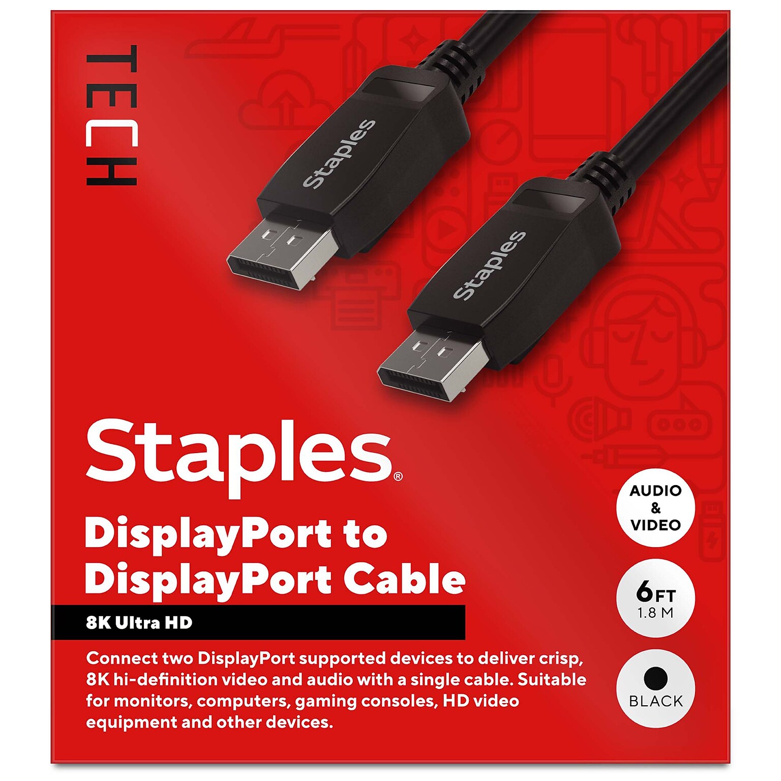 Staples TECH 6 ft. Display Port to Display Port Audio/Video Cable, Male to Male, Black (ST62474)