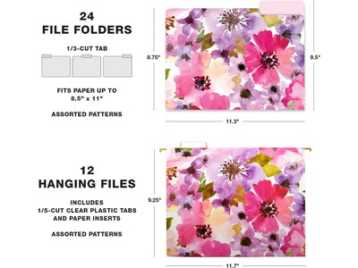 Global Printed Products Deluxe Designer Floral Hanging File Folder Kit, 1/3-Cut Tab, Letter Size, Assorted Colors