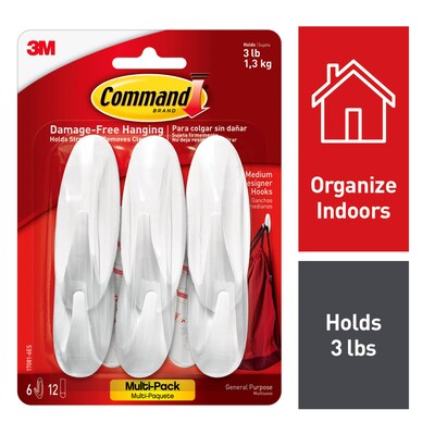 Command Medium Decorative Hooks, 3 lb., White, 6/Pack (17081-6ES)