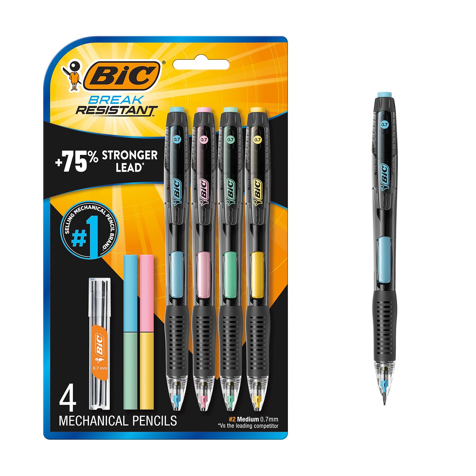 BIC Break-Resistant Mechanical Pencils, 0.7mm, #2 Medium Lead, 4/Pack (MV7PRP4-BLK)