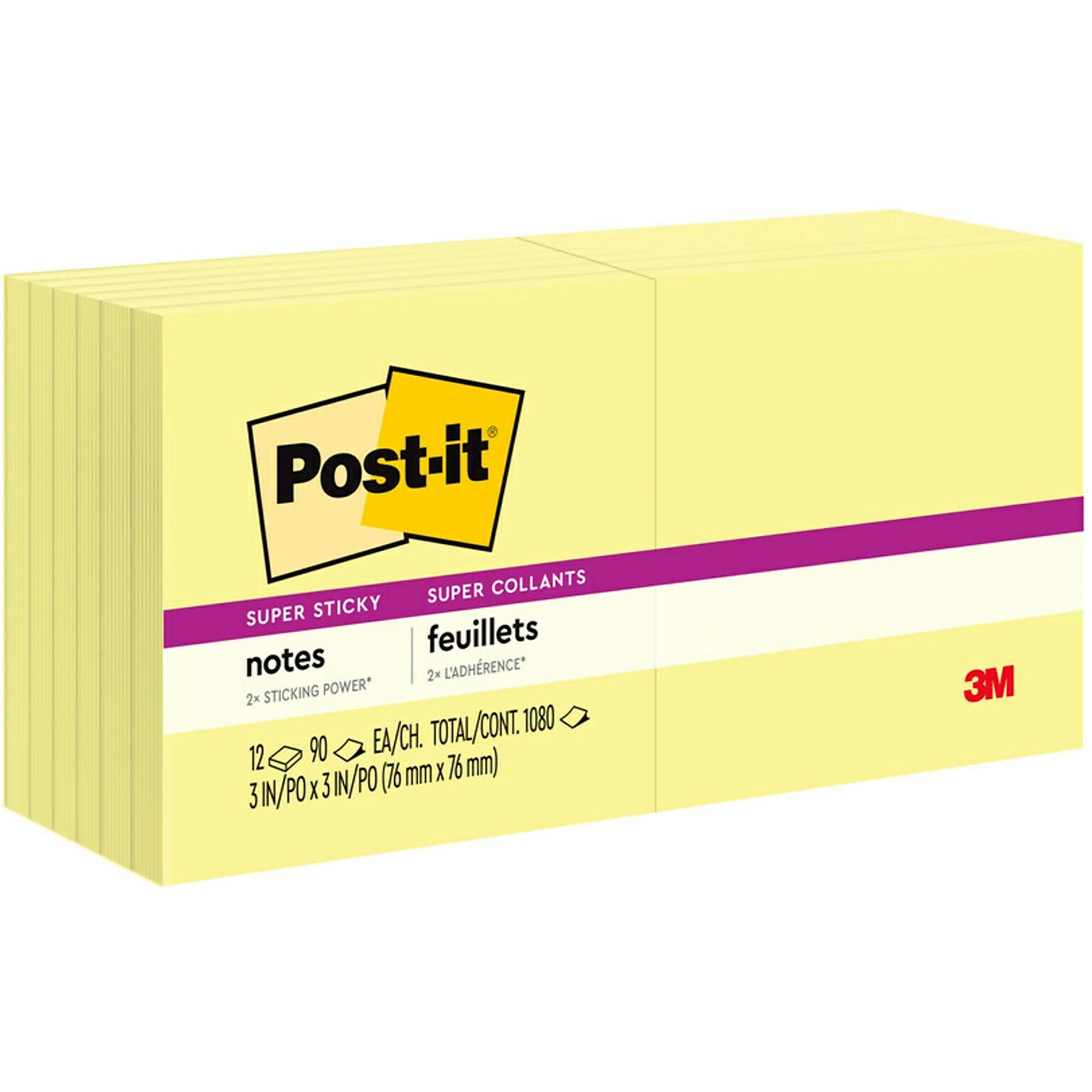 Post-it Super Sticky Notes, 3 x 3, Canary Yellow, 90 Sheets/Pad, 12 Pads/Pack (654-12SSCY)