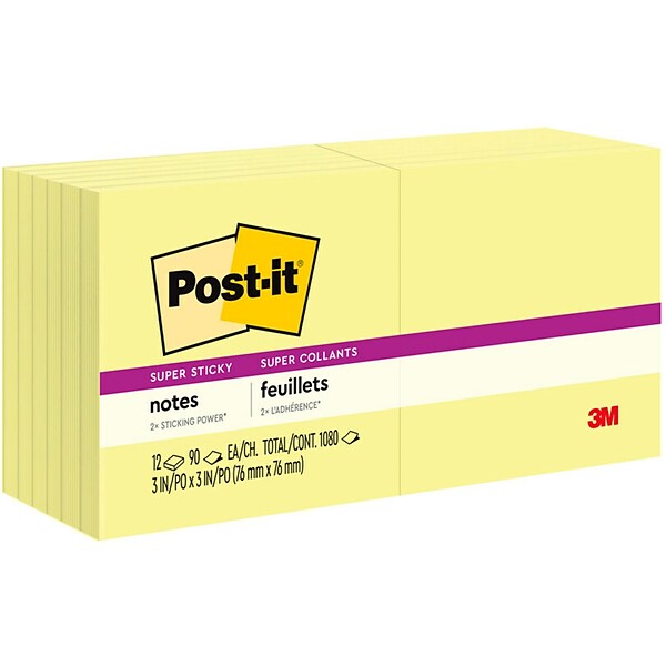 Post-it® Super Sticky Notes, 3 x 3, Canary Yellow, 90 Sheets/Pad, 12 Pads/Pack (654-12SSCY)
