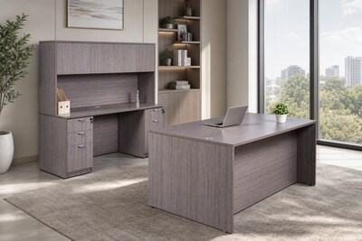 Boss Office Products 66" Desk and Credenza with Hutch and 2 File Pedestals, Driftwood (GROUPA16-DW)