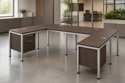 Boss Office Products Simple System 66W L-Shaped Desk with Pedestal, Driftwood, 2/Set (SGSD008-102)