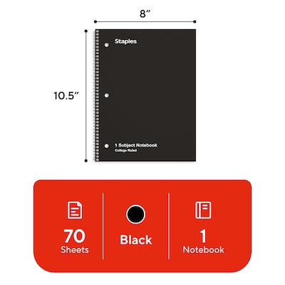 TRU RED 1-Subject Notebook, 8” x 10.5”, College Ruled, 70 Sheets, Black
