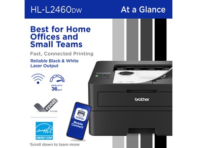 Brother HL-L2460DW Compact Wireless Black & White Laser Printer, Single-Function, Print, Refresh Subscription Ready