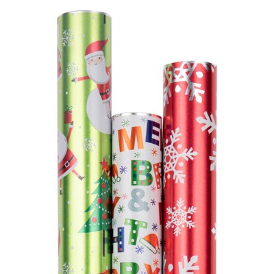 JAM Paper® Wrapping Paper - Premium Foil Gift Wrap - 75 Sq Ft - Frosted Holidays Set - 3/Pack