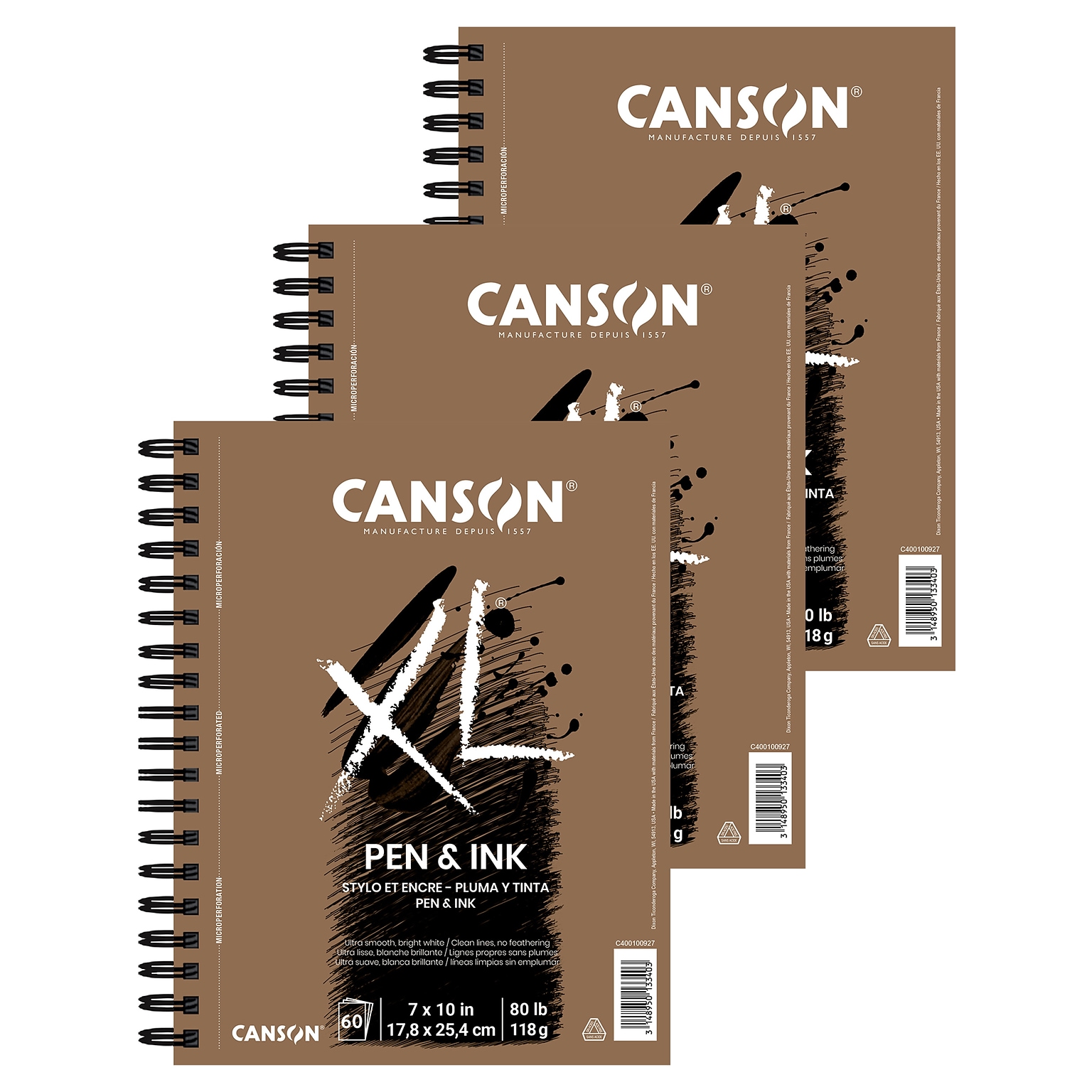Canson XL Series 7 x 10 Wire Bound Pen & Ink Sketch Pad, 60 Sheets/Pad, 3/Bundle (MCXC400100927-3)