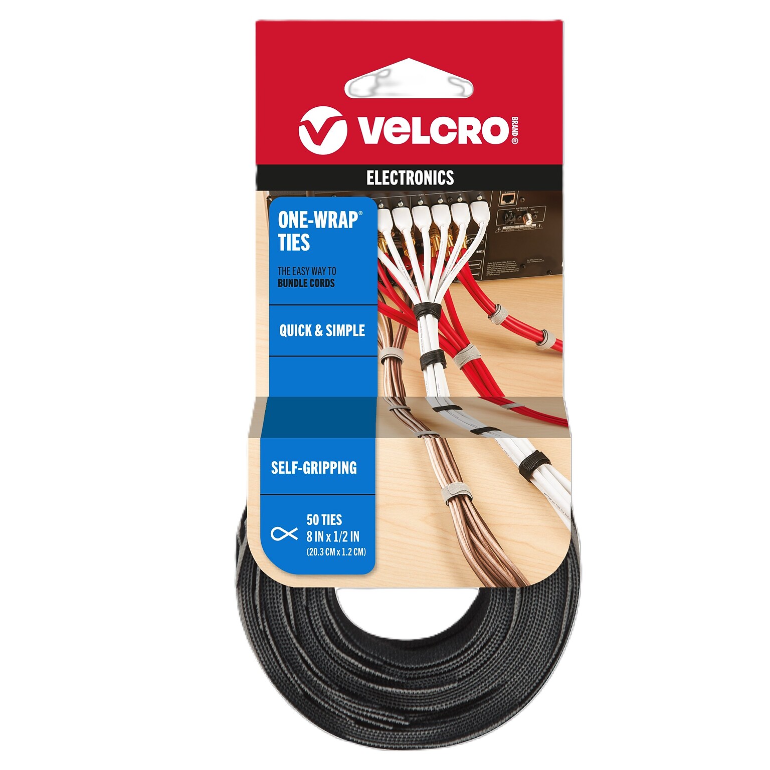 Velcro Brand One-Wrap Thin Cable Ties 1/2 x 8, Black/Gray, 50/Pack (90924)