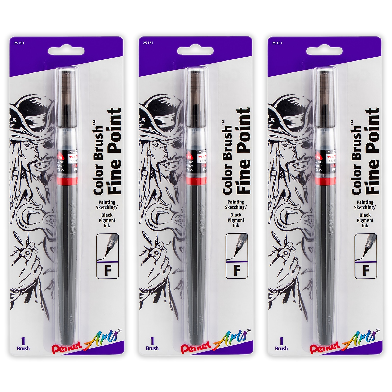 Pentel Arts Color Brush with Pigment Ink, Fine Tip, Black, 3/Pack (PTAFP5FBPA-3)