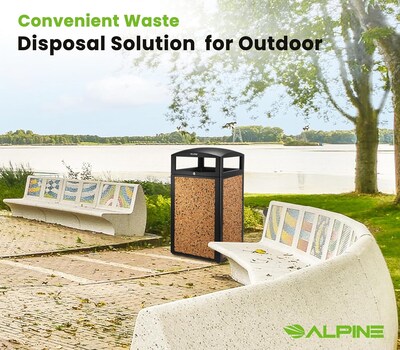 Alpine Industries Steel Outdoor Trash Can with Covered Top and Open Sides, 40 Gallon, Black/Stone, 2/Pack (ALP472-40-STO-2PK)