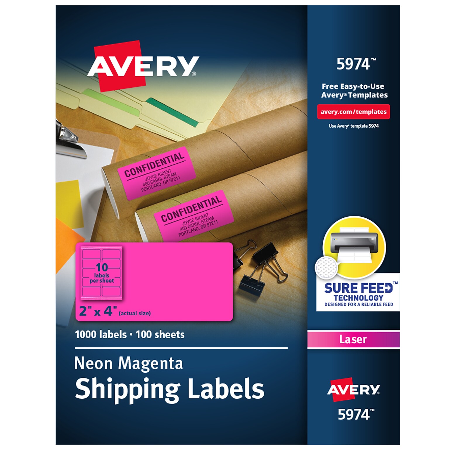 Avery Sure Feed Laser Shipping Labels, 2x 4, Neon Pink, 10 Labels/Sheet, 100 Sheets/Box (5974)