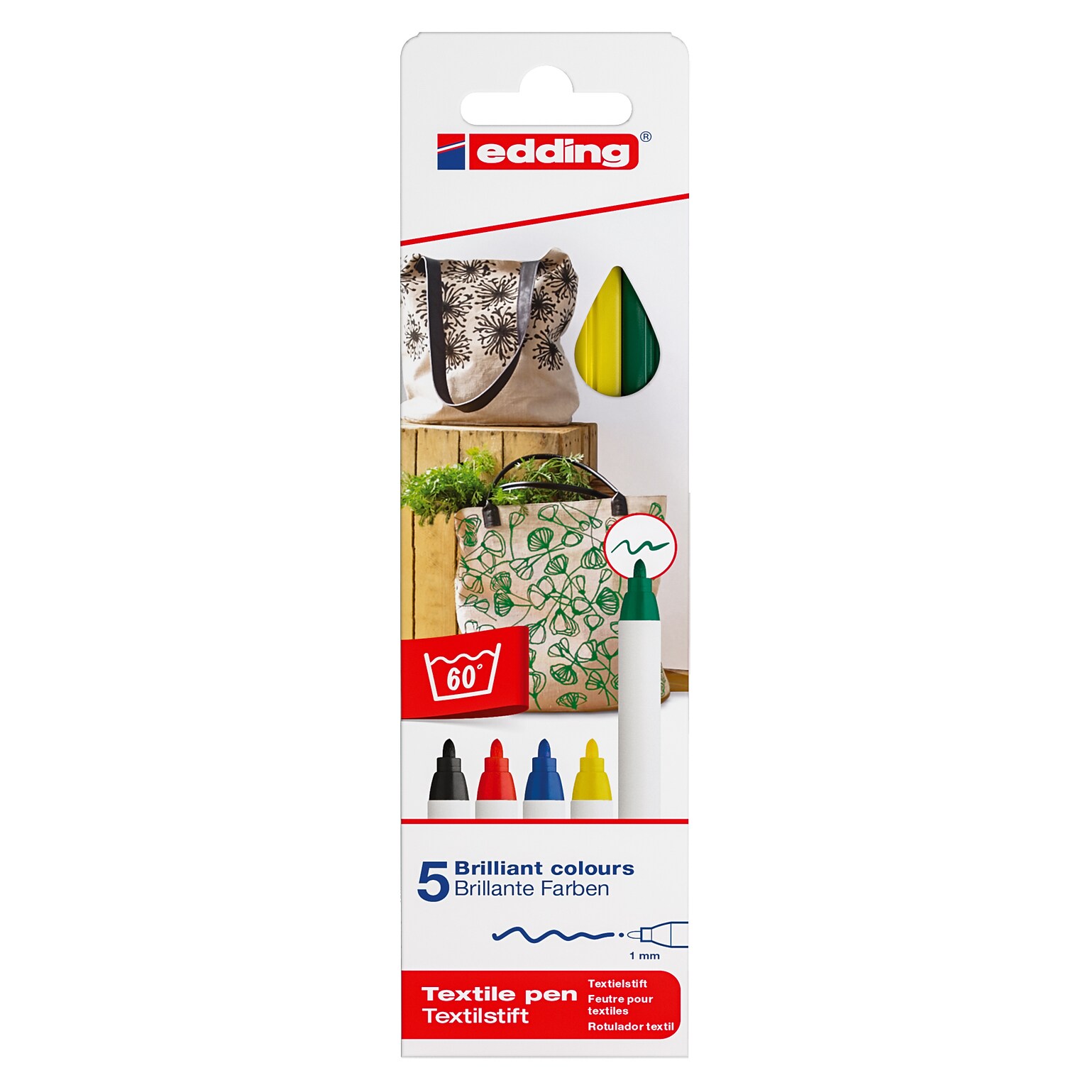Edding Edd Textile Markers and Pens, 4600 Series Textile Pen, Assorted Ink, 5/Set (EDD446005)