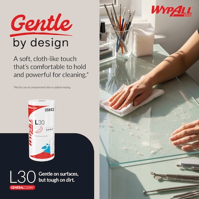 WypAll GeneralClean L30 Durable Fibers Cleaning Wipers, 11" x 10.4", White, 70 Sheets/Roll, 24/Carton (05843)