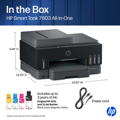 HP Smart Tank 7603 Wireless All-in-One Supertank Printer, Up to 3 Years of Ink Included (D34F7A)