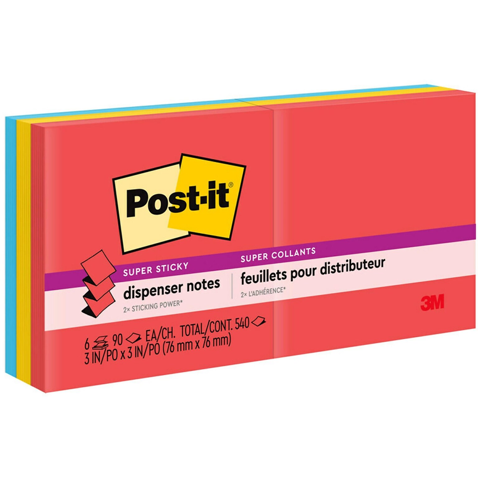 Post-it Super Sticky Pop-up Notes, 3 x 3, Playful Primaries Collection, 90 Sheet/Pad, 6 Pads/Pack (R330-6SSAN)