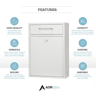 AdirOffice Steel Large Wall Mounted Drop Box Interoffice Mailbox, Key Lock, White (631-04-WHI)