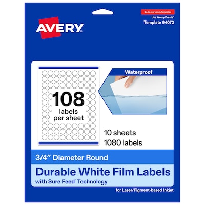 Avery Round Laser/Inkjet Multipurpose Labels, White, 108 Labels/Sheet, 10 Sheets/Pack (19479311239)