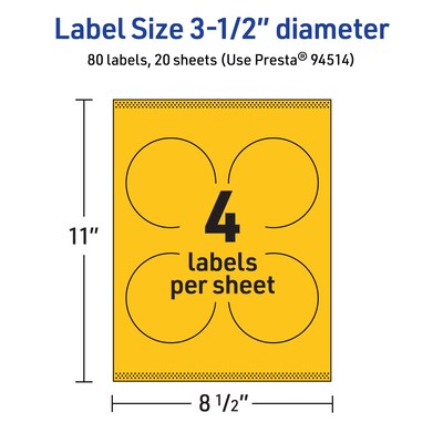 Avery Laser/Inkjet Round Multipurpose Labels, 3.5" Dia., Bright Yellow, 80/Pack (94514)