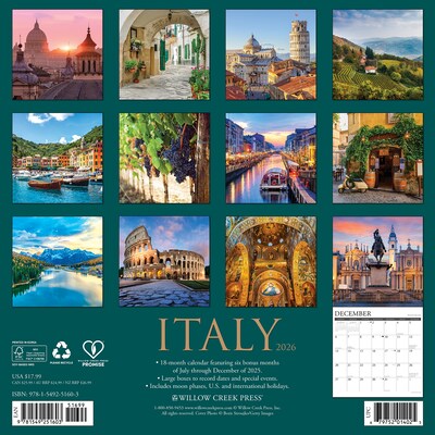 2026 Willow Creek Italy 12 x 12 Monthly Wall Calendar (51603X)