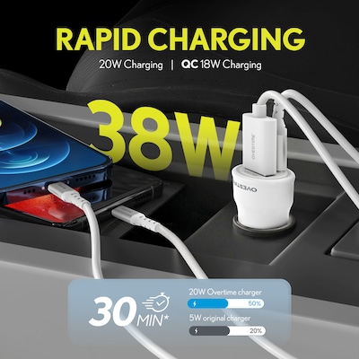 Overtime 38W Dual Port Car Charger & USB-C to Lightning Cable Bundle, White (OTC2PD6IP)