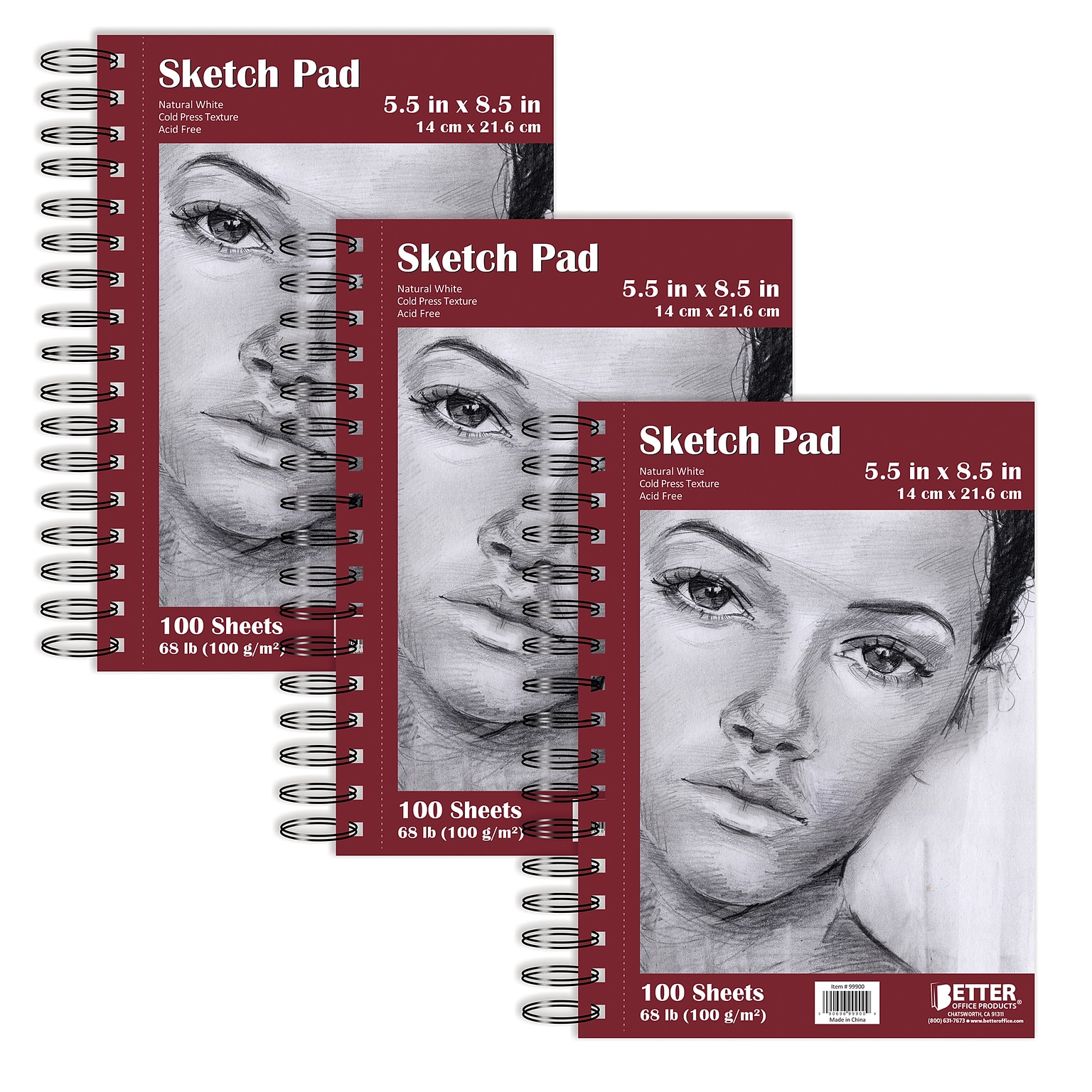 Better Office Products Spiral Bound Artist Sketch Book, 5.5 x 8.5, Natural White, 100 Sheets/Pad, 3/Pack (01300-3PK)