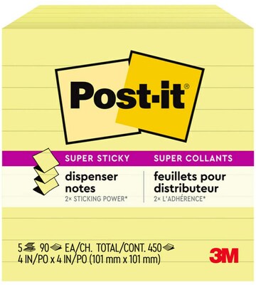 Post-it Pop-up Super Sticky Notes, Canary Yellow, Lined, 4 in x 4 in,  90 Sheets/Pad, 5 Pads/Pack (R440-YWSS)